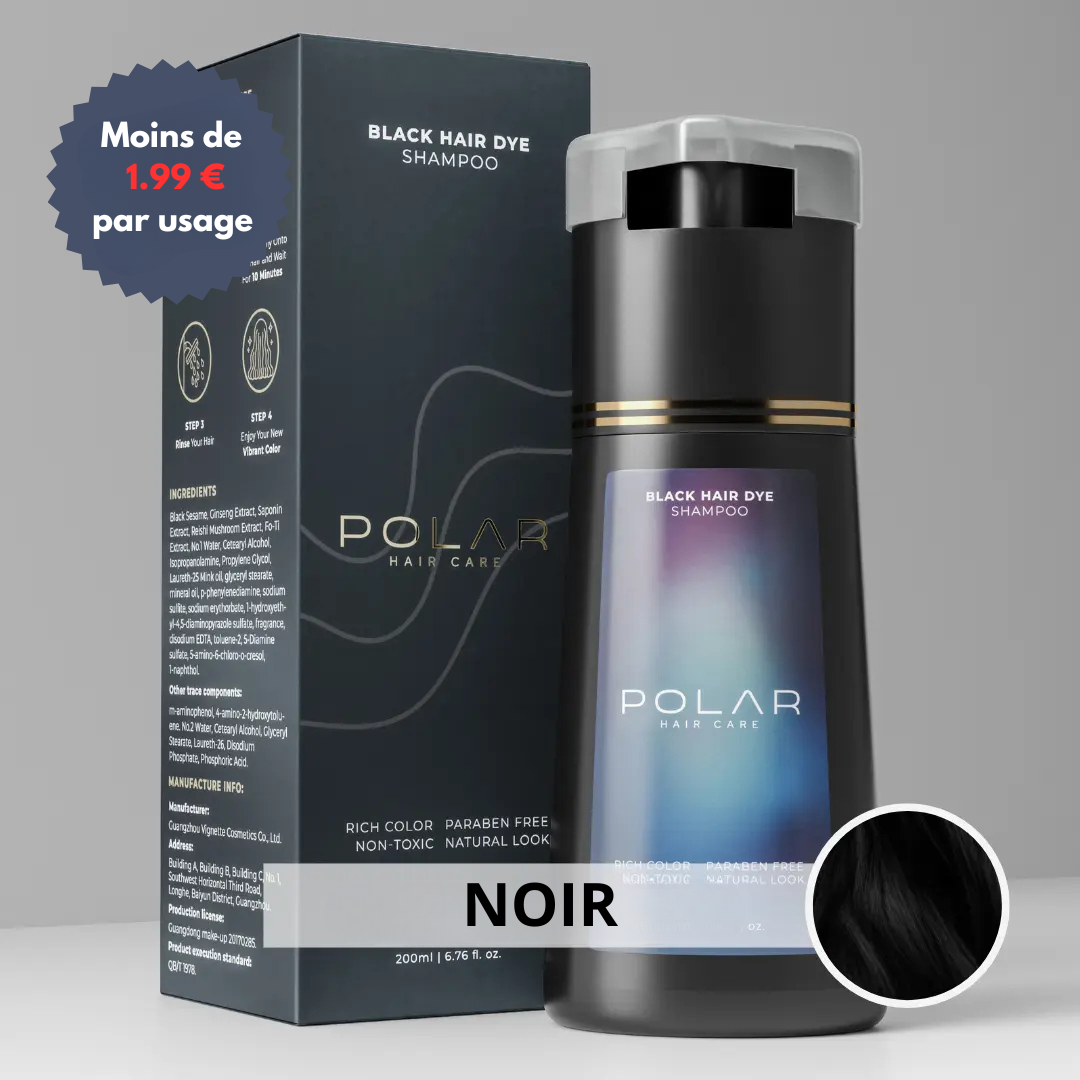 Shampooing colorant Polar Hair noir, couvre les cheveux blancs sans ammoniaque